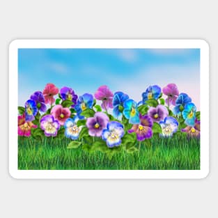 Beautiful Pansy Flowers Violet Viola Tricolor Floral Pattern. Watercolor Hand Drawn Decoration. Spring colorful pansies in bloom garden flowers  blue sky, sunny day landscape. Magnet